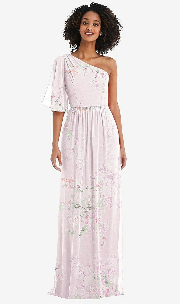 Front View - Watercolor Print One-Shoulder Bell Sleeve Chiffon Maxi Dress