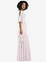 Side View Thumbnail - Watercolor Print One-Shoulder Bell Sleeve Chiffon Maxi Dress