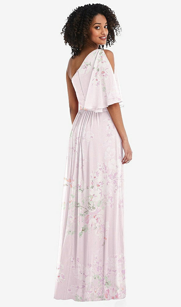 Back View - Watercolor Print One-Shoulder Bell Sleeve Chiffon Maxi Dress