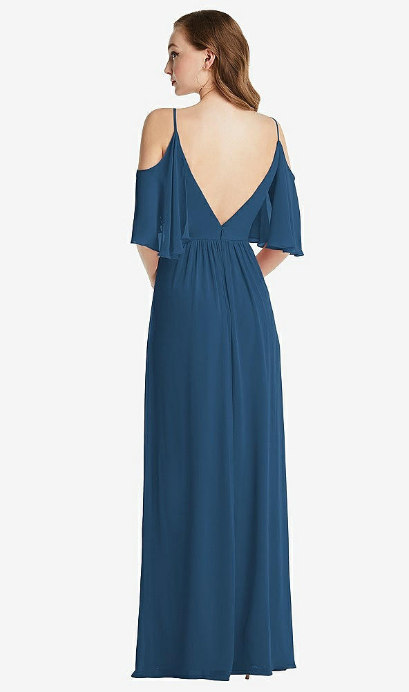 Back View - Dusk Blue Convertible Cold-Shoulder Draped Wrap Maxi Dress