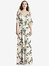 Front View Thumbnail - Palm Beach Print Convertible Cold-Shoulder Draped Wrap Maxi Dress