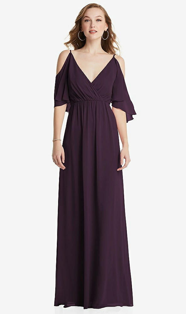Front View - Aubergine Convertible Cold-Shoulder Draped Wrap Maxi Dress