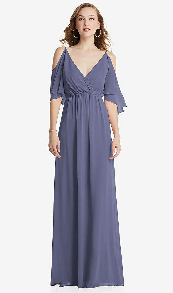 Front View - French Blue Convertible Cold-Shoulder Draped Wrap Maxi Dress