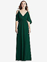 Front View Thumbnail - Hunter Green Convertible Cold-Shoulder Draped Wrap Maxi Dress