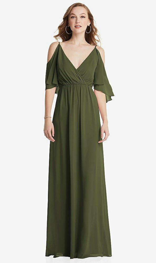 Front View - Olive Green Convertible Cold-Shoulder Draped Wrap Maxi Dress