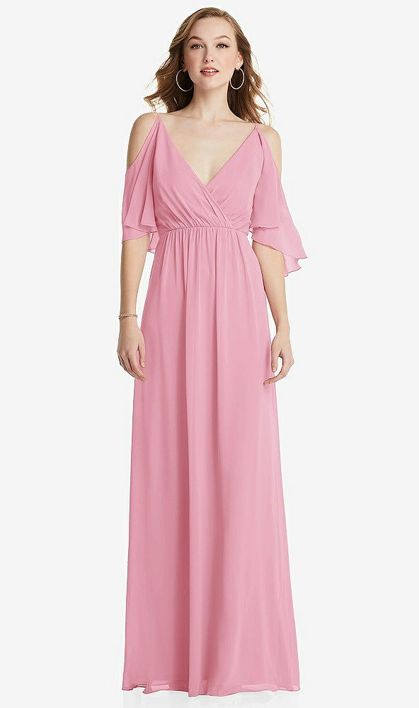 Front View - Peony Pink Convertible Cold-Shoulder Draped Wrap Maxi Dress