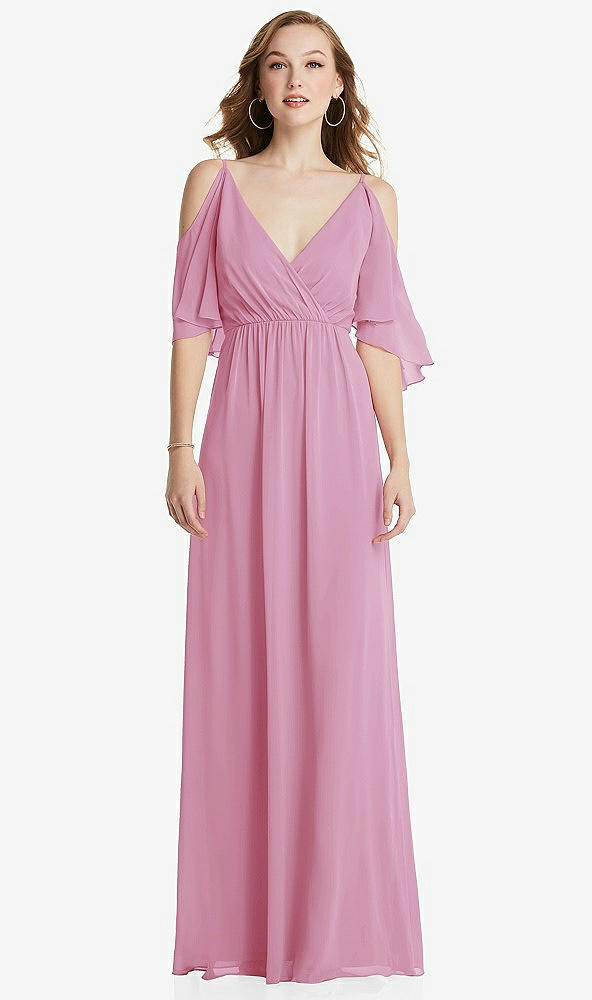 Front View - Powder Pink Convertible Cold-Shoulder Draped Wrap Maxi Dress