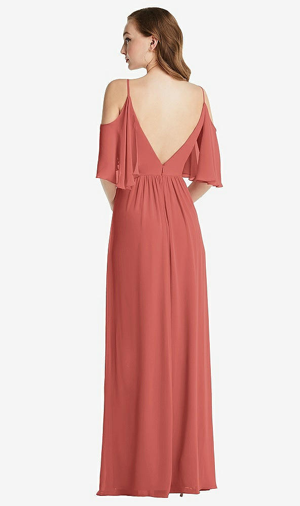 Back View - Coral Pink Convertible Cold-Shoulder Draped Wrap Maxi Dress