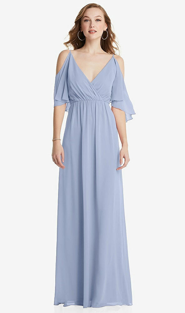 Front View - Sky Blue Convertible Cold-Shoulder Draped Wrap Maxi Dress
