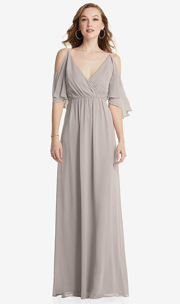 Front View - Taupe Convertible Cold-Shoulder Draped Wrap Maxi Dress