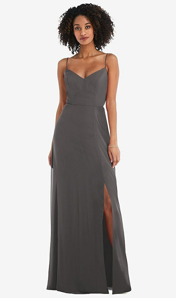 Front View - Caviar Gray Tie-Back Cutout Maxi Dress with Front Slit