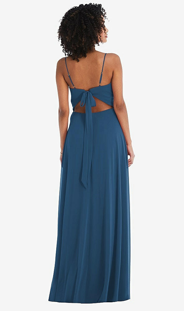 Back View - Dusk Blue Tie-Back Cutout Maxi Dress with Front Slit