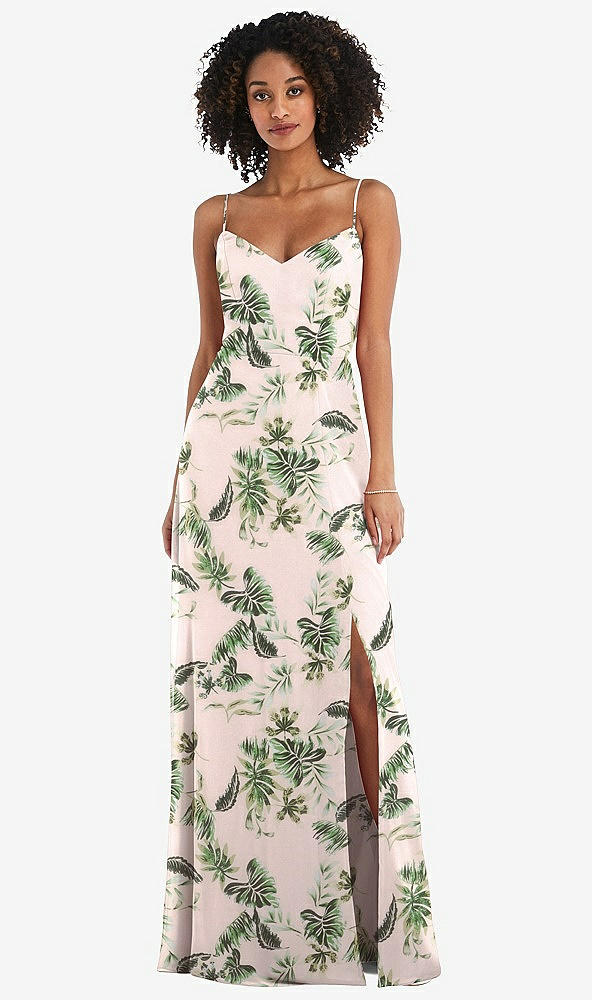 Front View - Palm Beach Print Tie-Back Cutout Maxi Dress with Front Slit