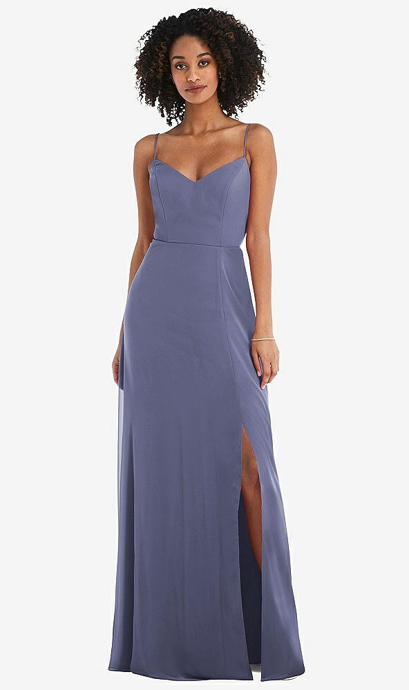 Front View - French Blue Tie-Back Cutout Maxi Dress with Front Slit