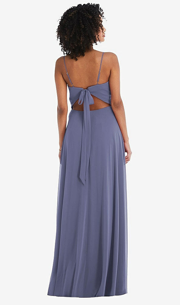 Back View - French Blue Tie-Back Cutout Maxi Dress with Front Slit