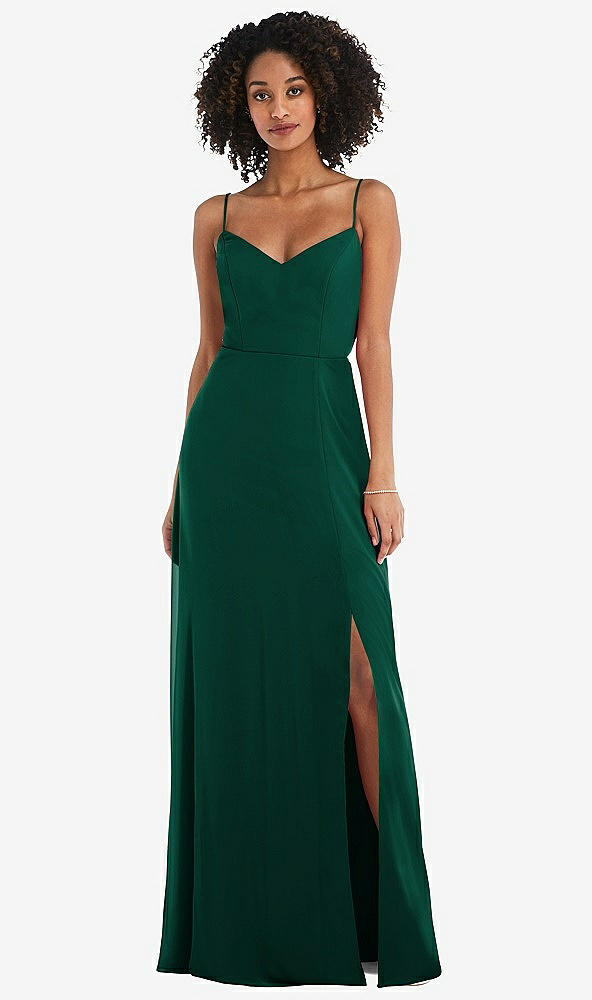 Front View - Hunter Green Tie-Back Cutout Maxi Dress with Front Slit