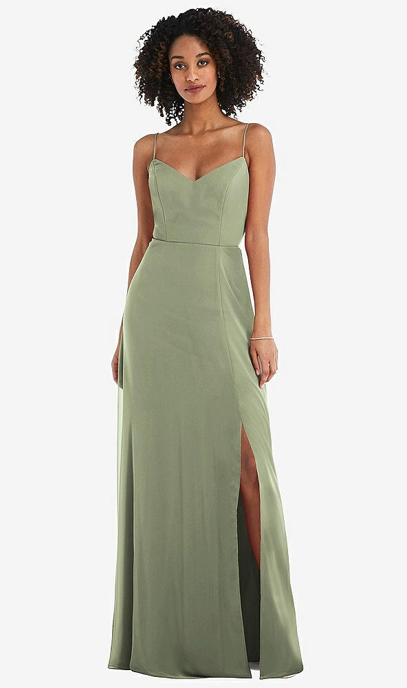 Front View - Sage Tie-Back Cutout Maxi Dress with Front Slit
