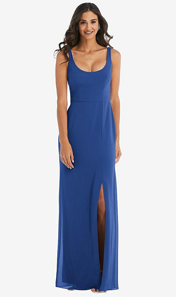 Front View - Classic Blue Scoop Neck Open-Back Trumpet Gown