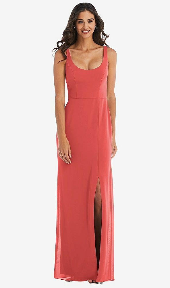 Front View - Perfect Coral Scoop Neck Open-Back Trumpet Gown