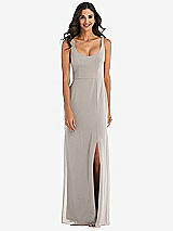 Front View Thumbnail - Taupe Scoop Neck Open-Back Trumpet Gown