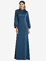 Front View Thumbnail - Dusk Blue High Collar Puff Sleeve Trumpet Gown - Darby