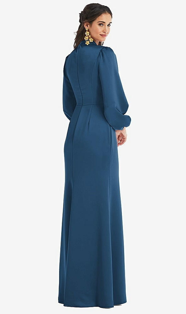 Back View - Dusk Blue High Collar Puff Sleeve Trumpet Gown - Darby