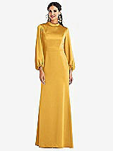 Front View Thumbnail - NYC Yellow High Collar Puff Sleeve Trumpet Gown - Darby