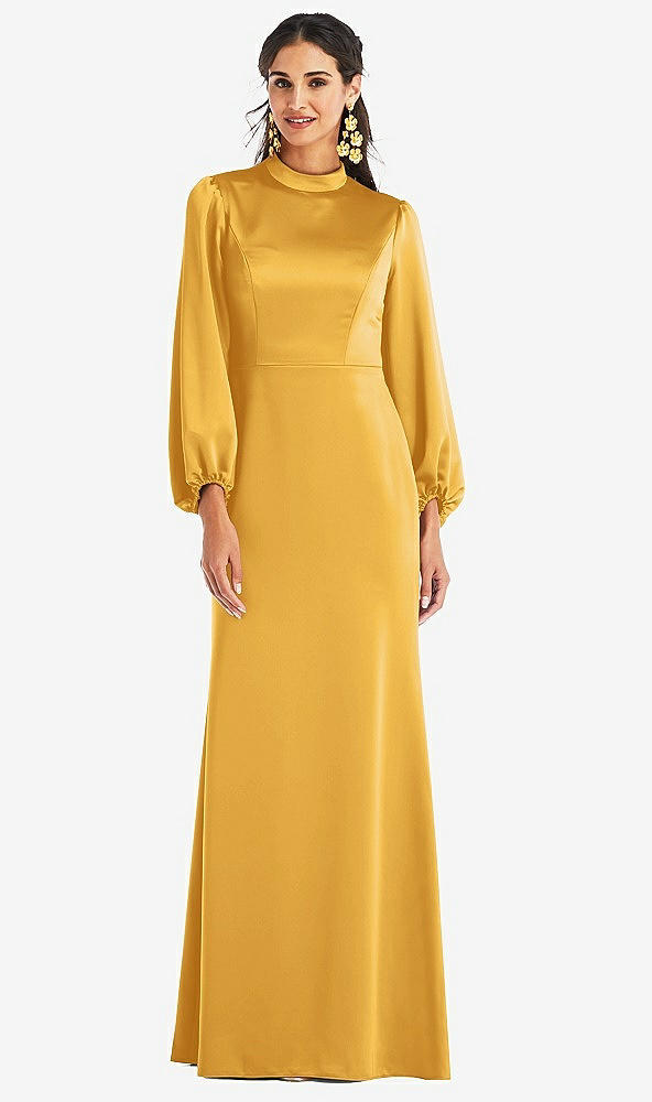 Front View - NYC Yellow High Collar Puff Sleeve Trumpet Gown - Darby