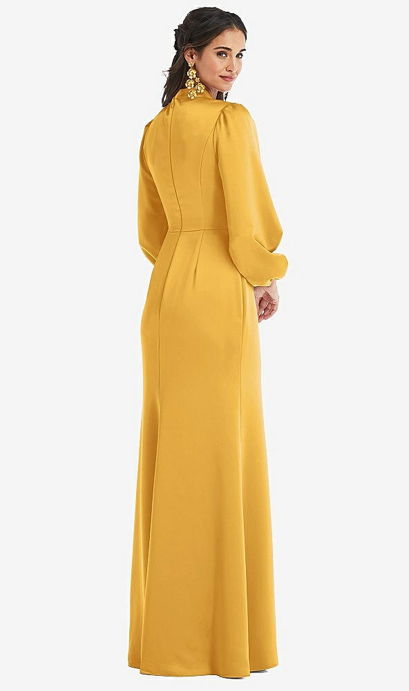 Back View - NYC Yellow High Collar Puff Sleeve Trumpet Gown - Darby