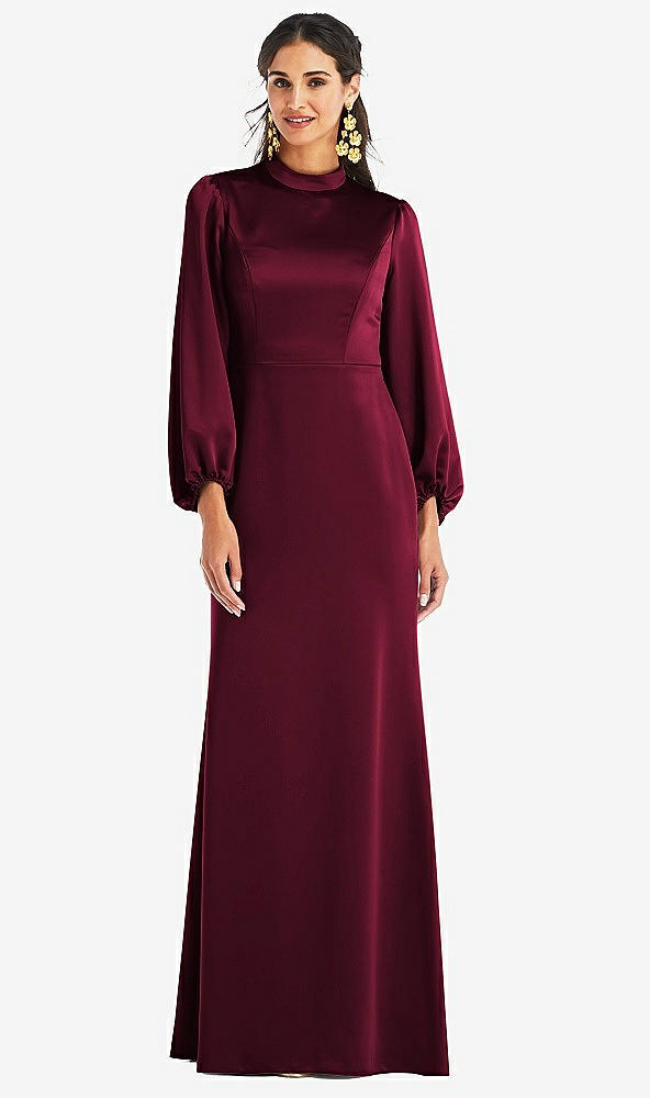 Front View - Cabernet High Collar Puff Sleeve Trumpet Gown - Darby