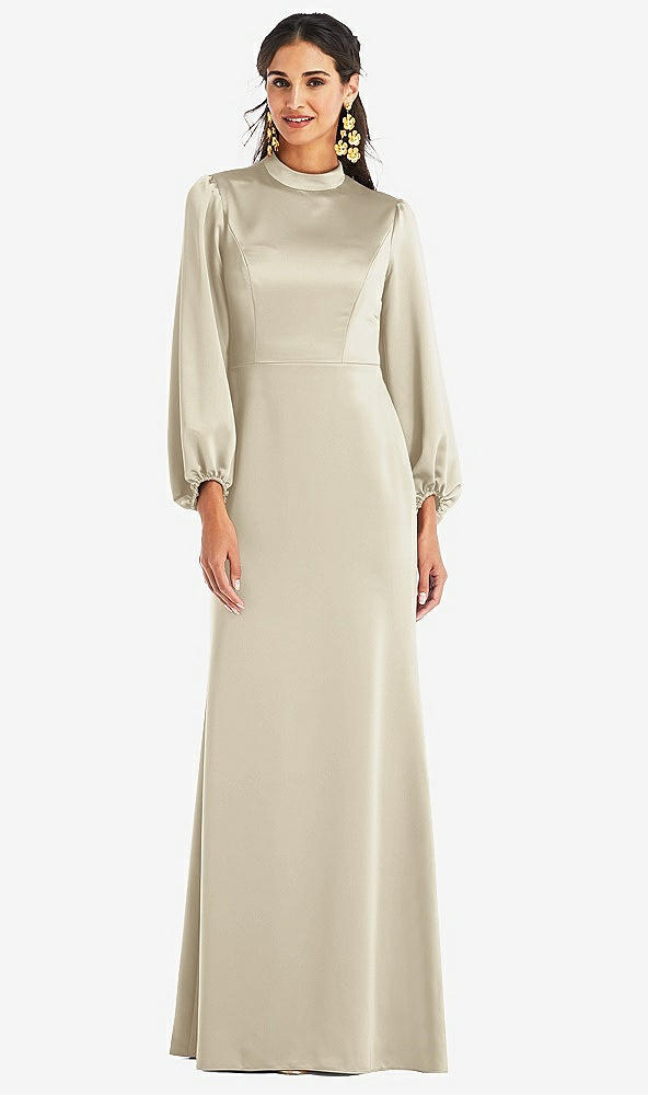 Front View - Champagne High Collar Puff Sleeve Trumpet Gown - Darby