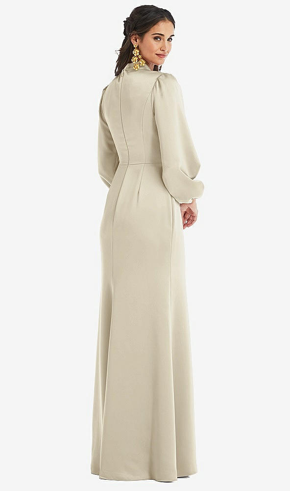 Back View - Champagne High Collar Puff Sleeve Trumpet Gown - Darby