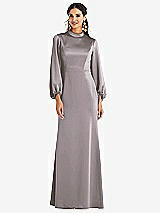 Front View Thumbnail - Cashmere Gray High Collar Puff Sleeve Trumpet Gown - Darby
