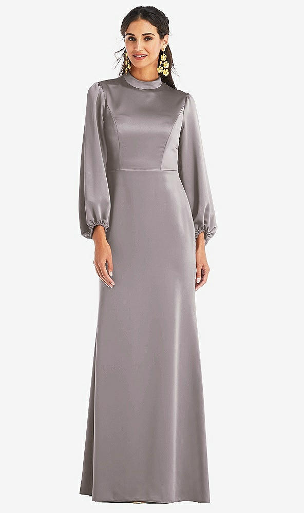 Front View - Cashmere Gray High Collar Puff Sleeve Trumpet Gown - Darby