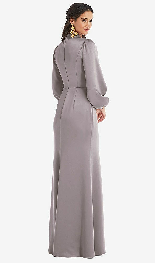 Back View - Cashmere Gray High Collar Puff Sleeve Trumpet Gown - Darby