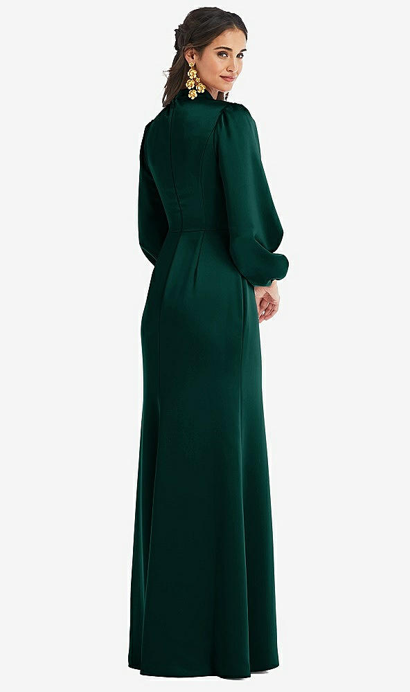 Back View - Evergreen High Collar Puff Sleeve Trumpet Gown - Darby