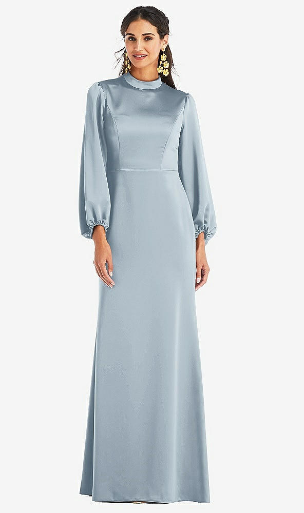 Front View - Mist High Collar Puff Sleeve Trumpet Gown - Darby