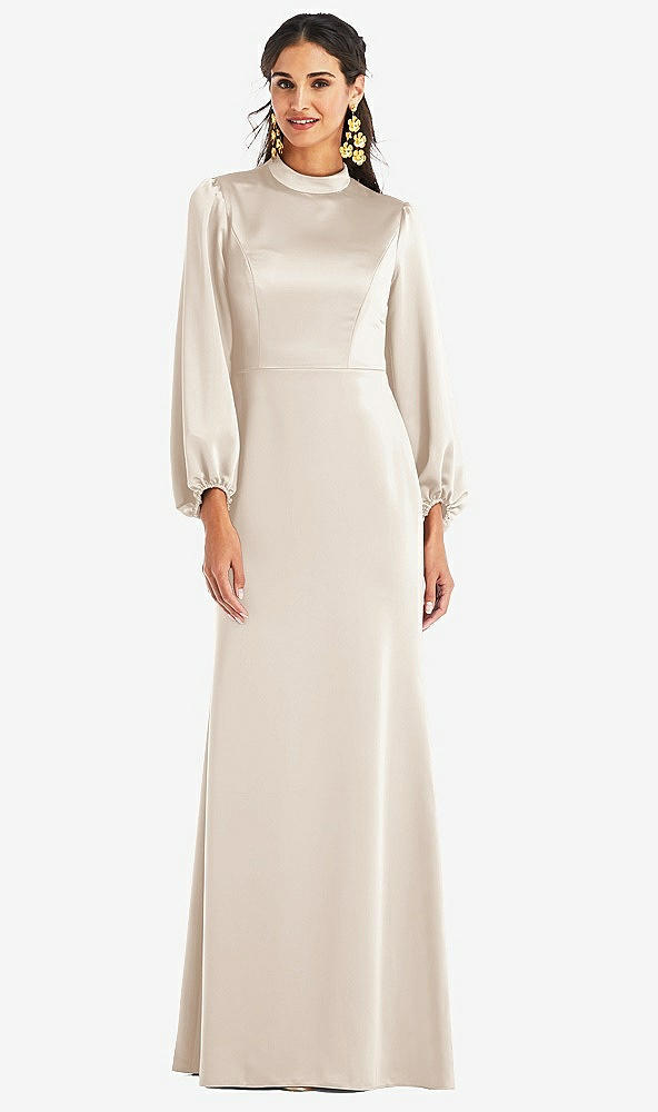 Front View - Oat High Collar Puff Sleeve Trumpet Gown - Darby