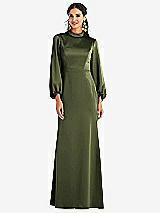Front View Thumbnail - Olive Green High Collar Puff Sleeve Trumpet Gown - Darby