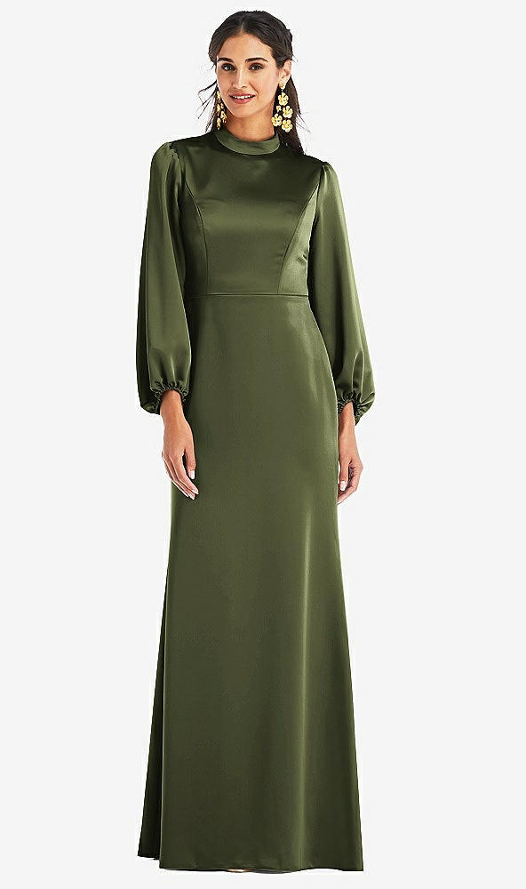 Front View - Olive Green High Collar Puff Sleeve Trumpet Gown - Darby