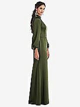 Side View Thumbnail - Olive Green High Collar Puff Sleeve Trumpet Gown - Darby