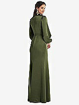 Rear View Thumbnail - Olive Green High Collar Puff Sleeve Trumpet Gown - Darby