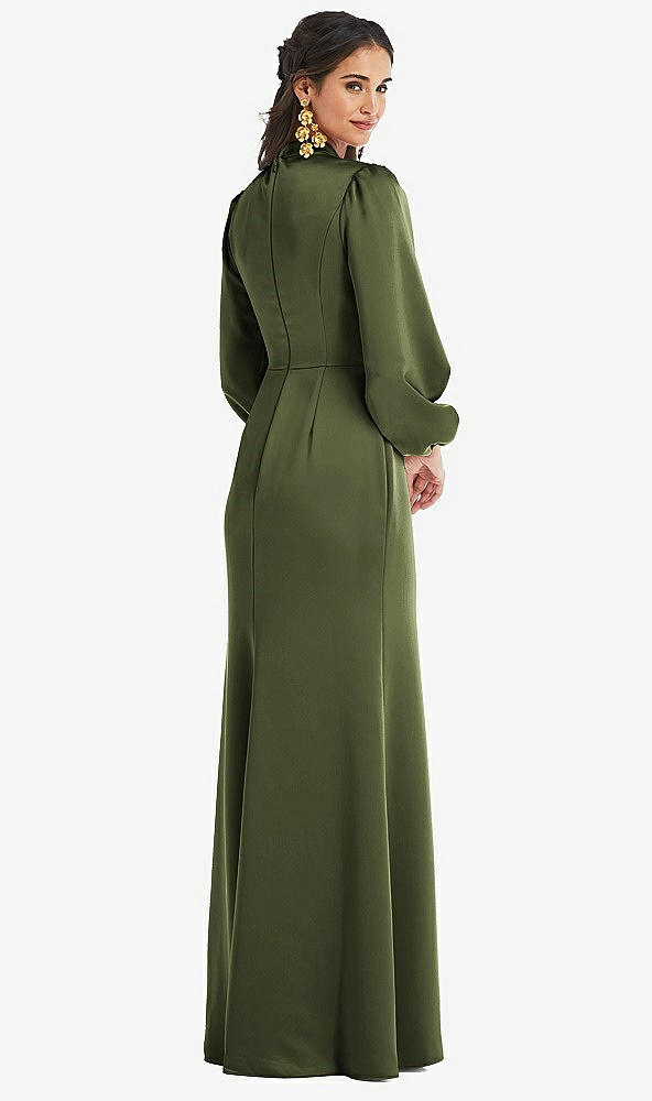 Back View - Olive Green High Collar Puff Sleeve Trumpet Gown - Darby