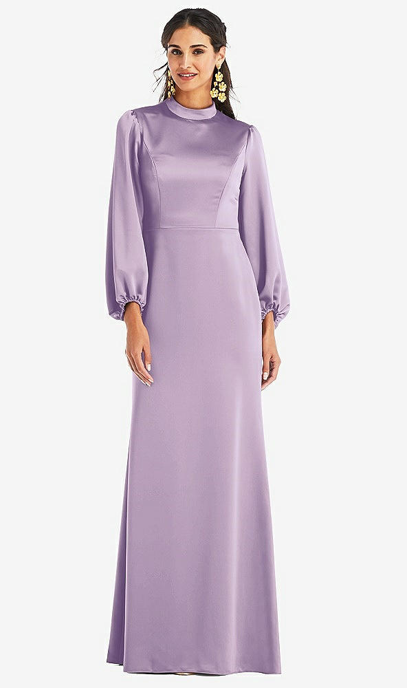 Front View - Pale Purple High Collar Puff Sleeve Trumpet Gown - Darby