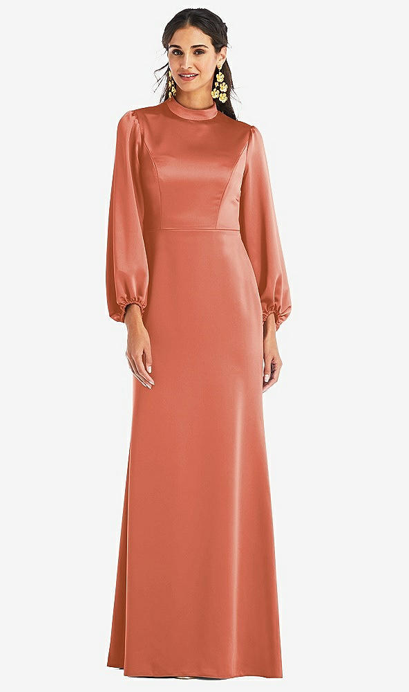 Front View - Terracotta Copper High Collar Puff Sleeve Trumpet Gown - Darby
