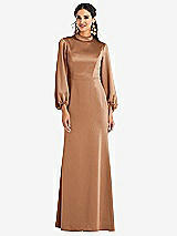 Front View Thumbnail - Toffee High Collar Puff Sleeve Trumpet Gown - Darby
