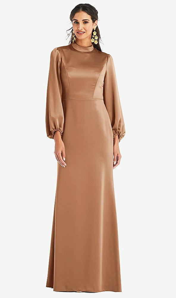 Front View - Toffee High Collar Puff Sleeve Trumpet Gown - Darby