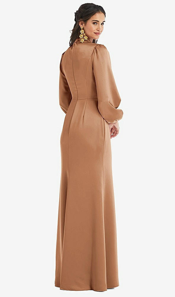 Back View - Toffee High Collar Puff Sleeve Trumpet Gown - Darby