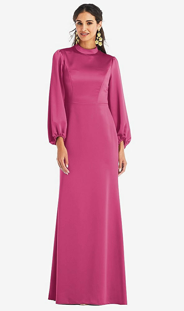 Front View - Tea Rose High Collar Puff Sleeve Trumpet Gown - Darby