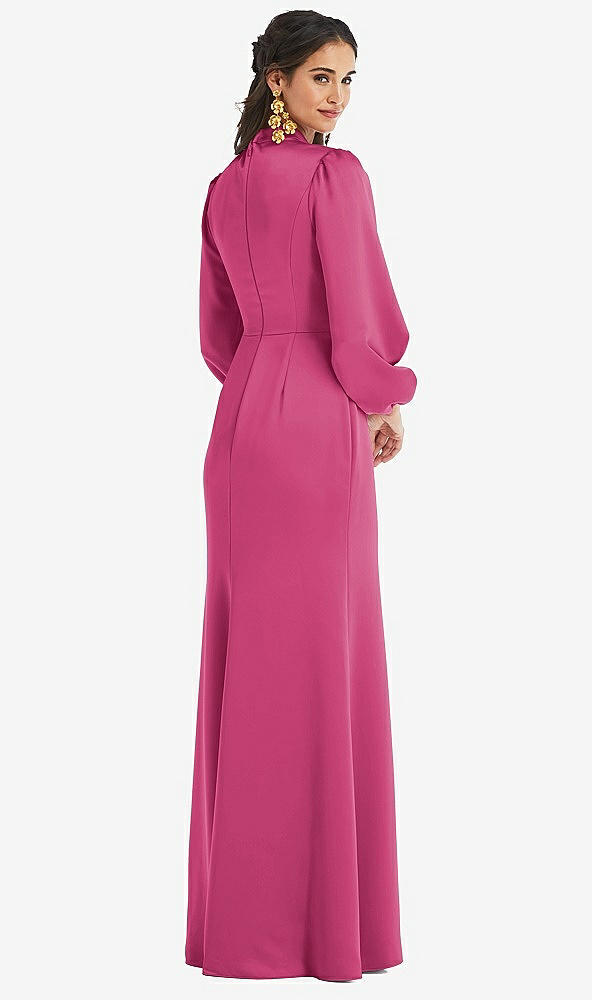 Back View - Tea Rose High Collar Puff Sleeve Trumpet Gown - Darby